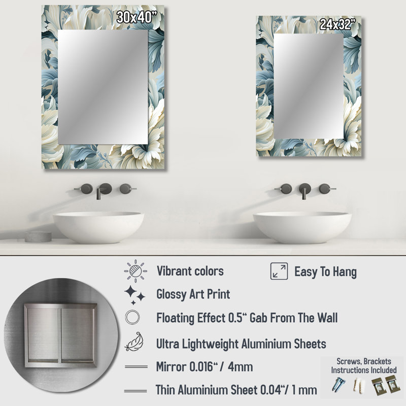 Topol Petal Symphony Blue Damask Harmony - miroir mural damassé, miroir décoratif bohème, impression sur métal, 32 po x 24 po
