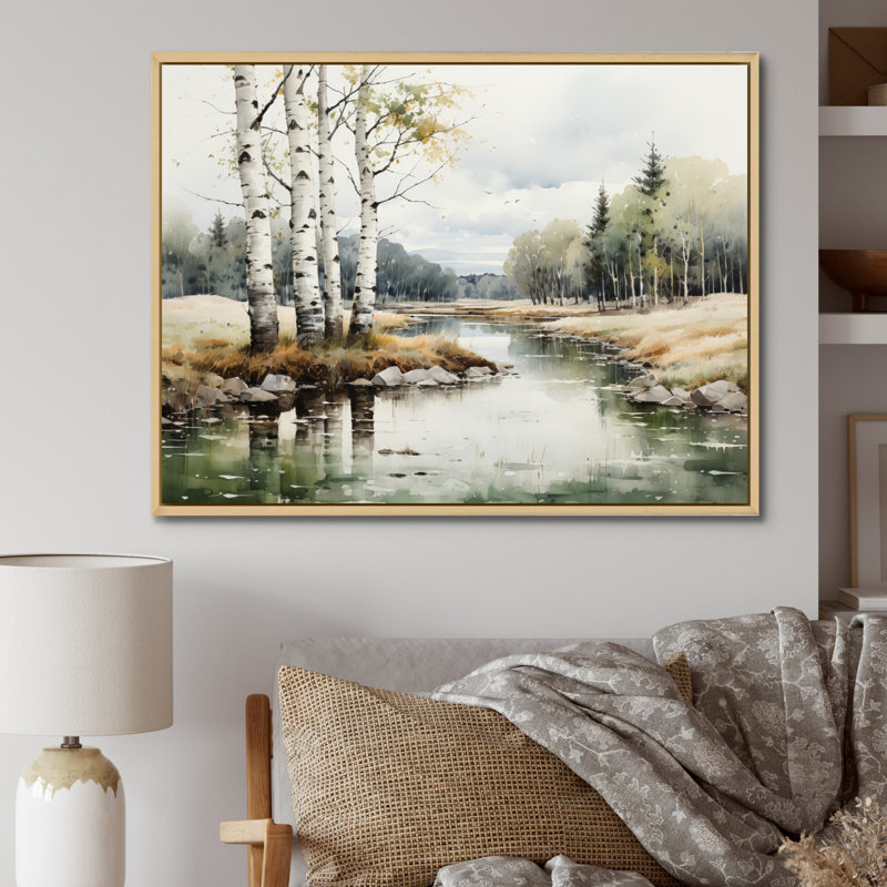 Birch Woods Birch Haven - Art mural de bouleau, H 16 po x l 32 po x P 1 po, Cadre flottant érable