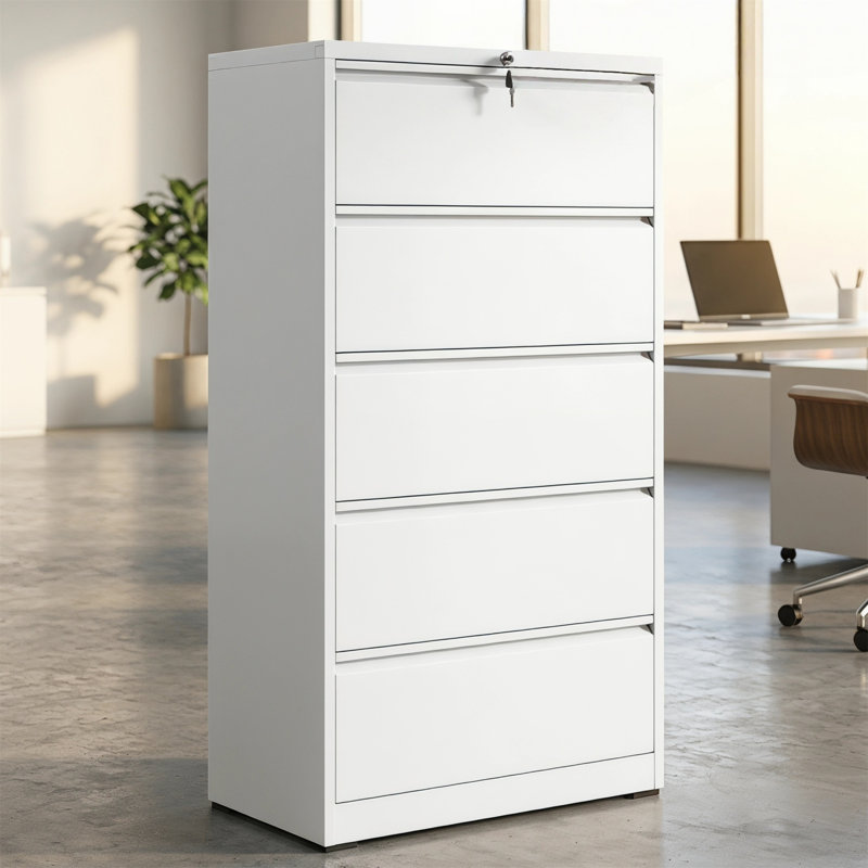 5‑Drawer Lateral File Cabinet, White, 550 lb Capacity, Lockable Steel Filing Cabinet for Legal/Letter/A4, Full‑Extension Quiet Slides, Anti‑Tilt