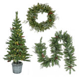 Feel Real Buzzard Pine Assortment- 5' Entrance Tree In Pot W/70 WW LED Lights & Caps- UL/CUL- 24" Wreath & 6' Garland With 100 WW Battery Operated LED Lights