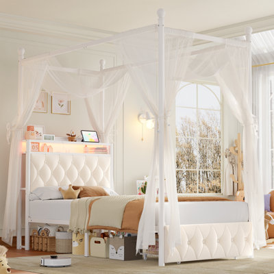 Metal Canopy Bed with LED Lighting and USB Charging