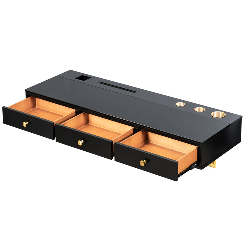 Tablette flottante noire et dorée avec porte-séchoir à tiroir, coiffeuse pour chambre et enclos de salle de bain