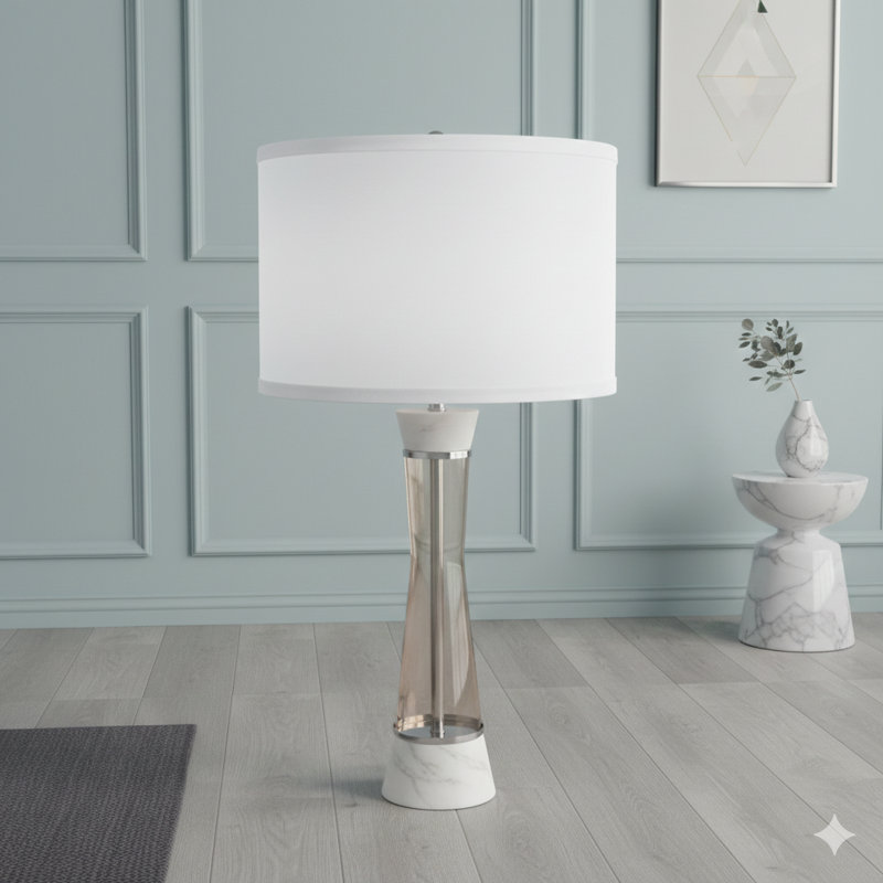 Lampe de table en marbre blanc et bronze avec cylindre en verre D15x30,2 po (assemblage de l'abat-jour requis)
