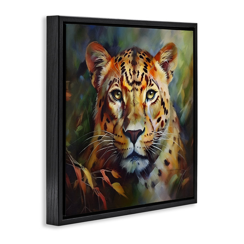 «Leopard Face Portrait», peinture murale encadrée par Noah Bay, Cadre flottant noir de jais, H 25 po x l 25 po