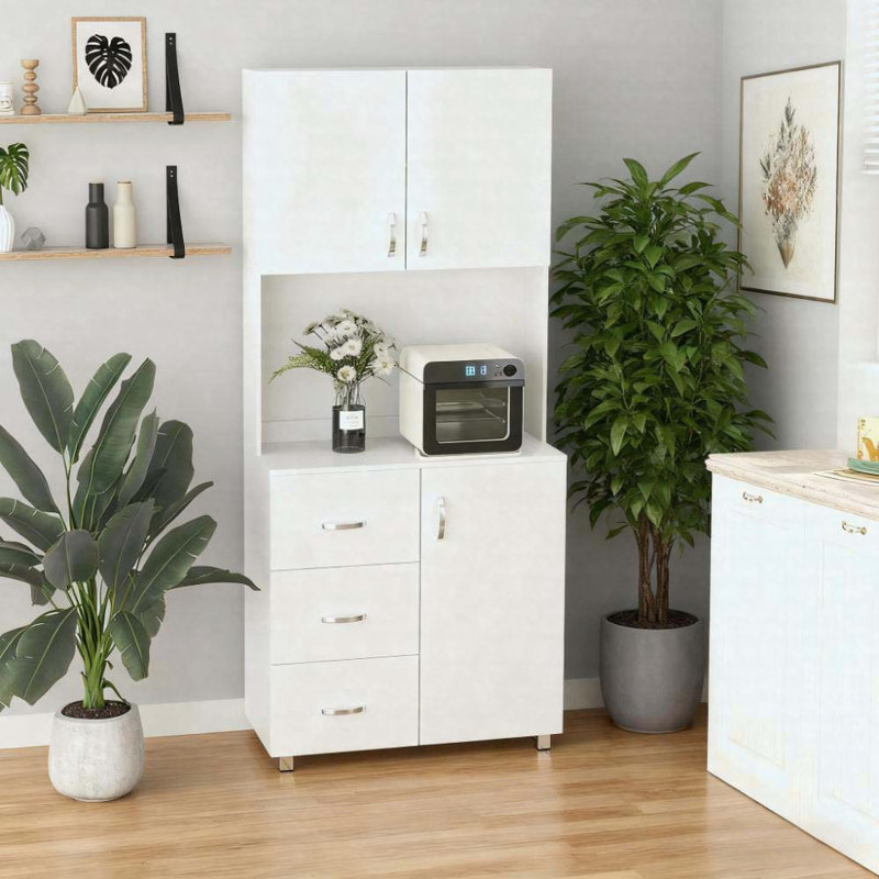 Armoire de cuisine blanche 72 po avec 2 portes, 3 tiroirs et tablettes réglables