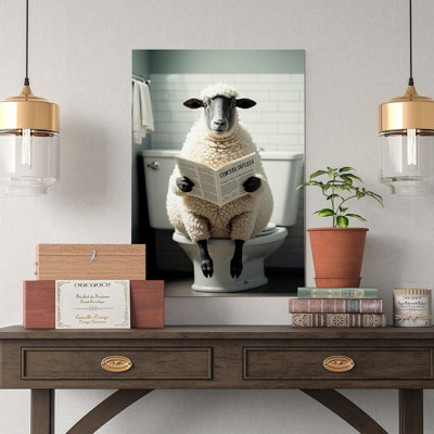 Canvas Wall Art Sheep Sitting on The Toilet Reading A Newspaper Poster-1 Vintage Poster Print Home Decor