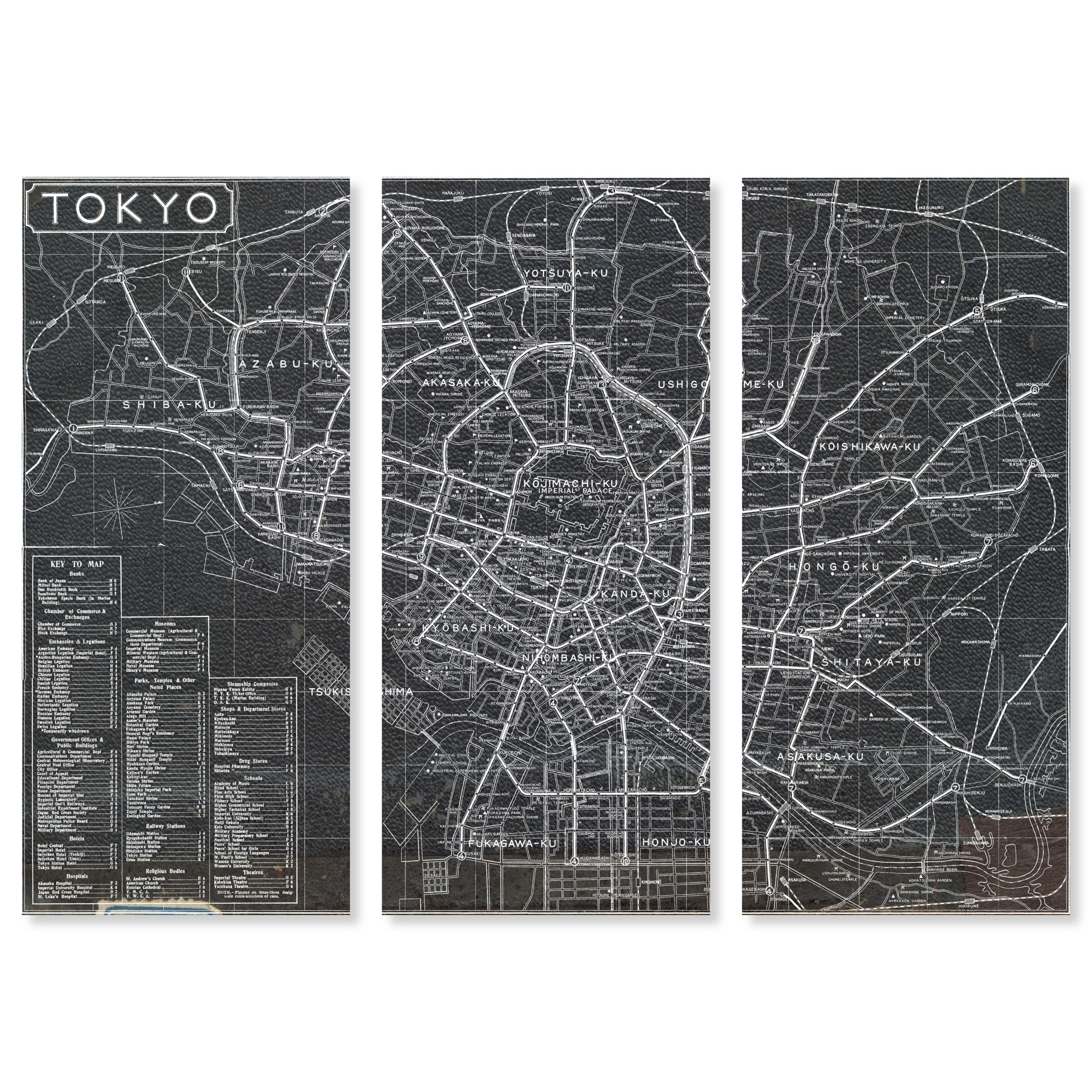 Oliver Gal Prints Tokyo Tourist Map 1918 Triptych, Japan Geography  Industrial Black - 3 Piece Graphic Art on Canvas | Wayfair, image size:2500x2500