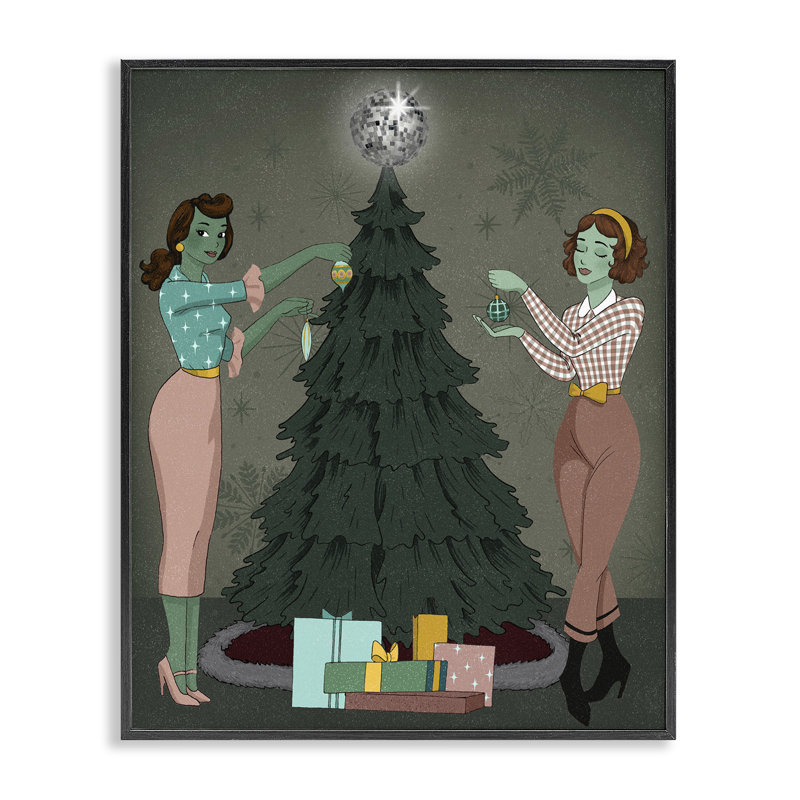 Filles et arbre de Noël, estampe numérique par Grace Popp, Giclée encadrée noir minuit, H 14 po x l 11 po