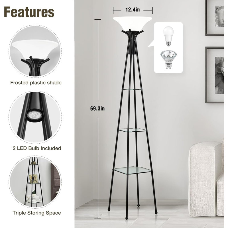 Lampe sur pied industrielle de 69 po avec 3 tablettes en verre, lampe sur pied noire avec abat-jour en plastique, 3 températures de couleur, télécommande, pour le salon, la chambre à coucher, le bureau