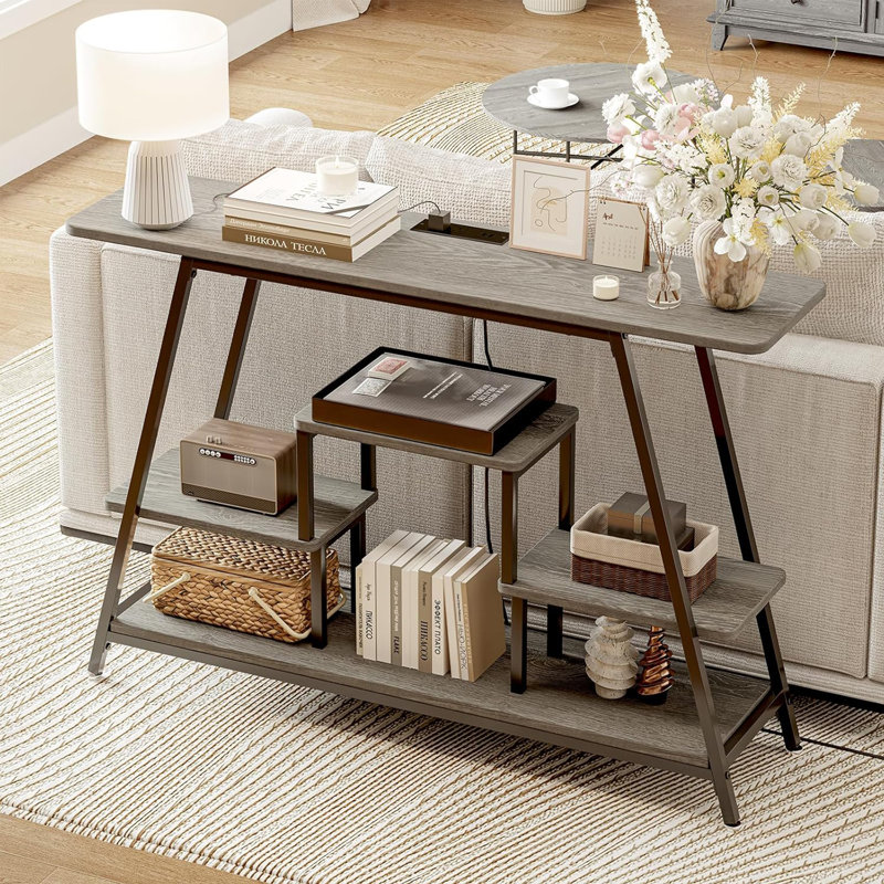 47.2" Narrow Entryway Table With Power Outlets, Industrial 4-Tier Console Table With Storage, Small Sofa Table Behind The Couch For Entryway, Linving Room, Hallway, Foyer, Gray