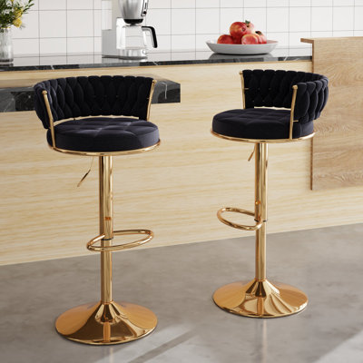 George Set of 2 Bar Stools with Woven Velvet Upholstered Backrest, Height Adjustable Counter Stools, Swivel Kitchen Stools for Kitchen Island, Bar, Black