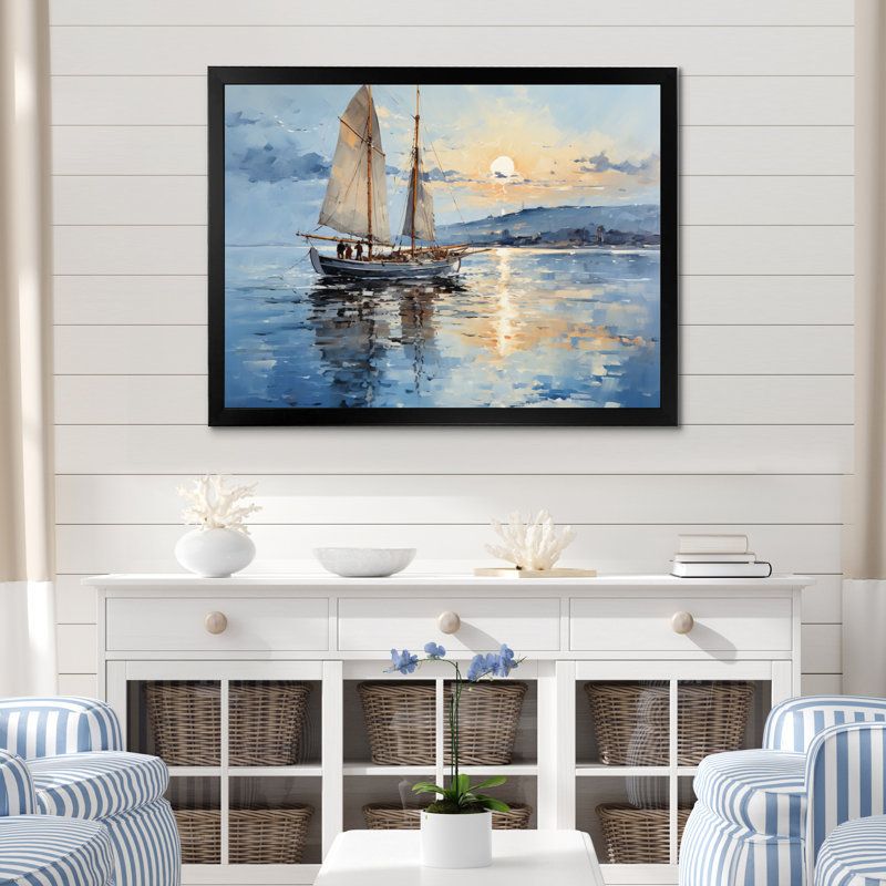 Bateau, voile, reflets I - art encadré de bateau côtier, Cadre simple noir, H 16 po x l 32 po x P 1 po