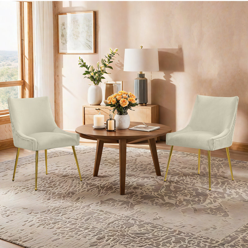 Velvet Upholstered Dining Chairs With Gold Pull Handle, Beige