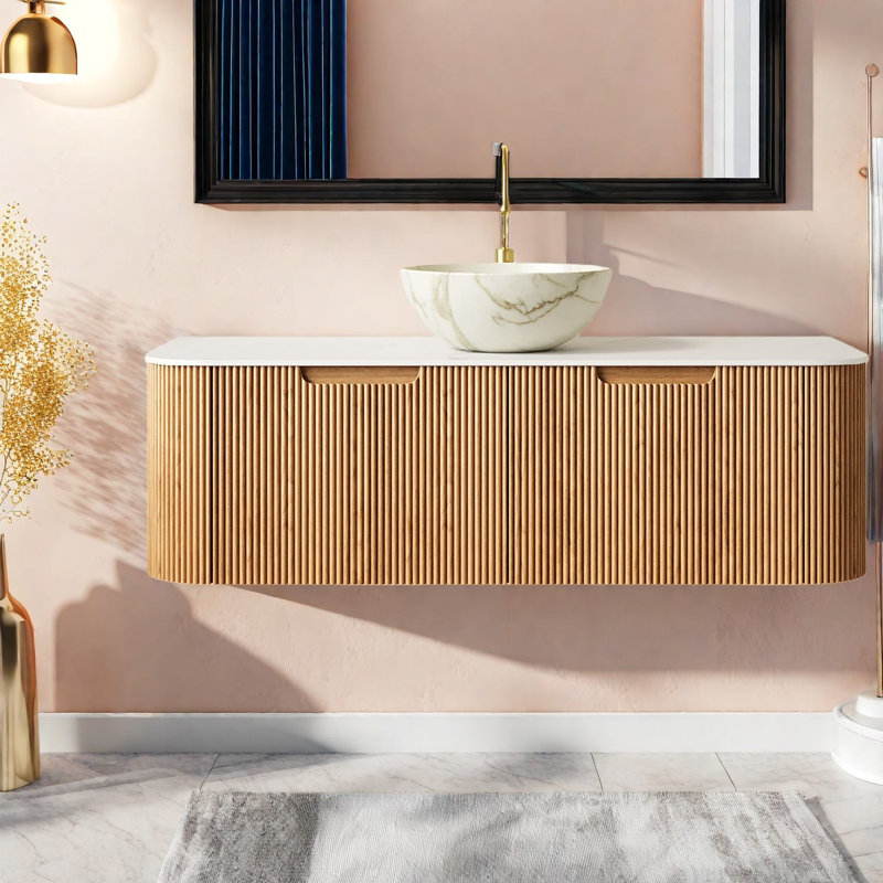 Ensemble de meuble-lavabo et meuble-lavabo Modern, 48 po, bois naturel et plateau de Carrare