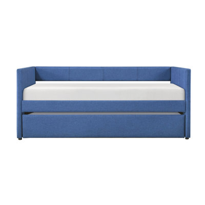 Lit de jour moderne en bois avec revêtement en tissu texturé bleu et lit gigogne coulissant, rembourrage, structure solide