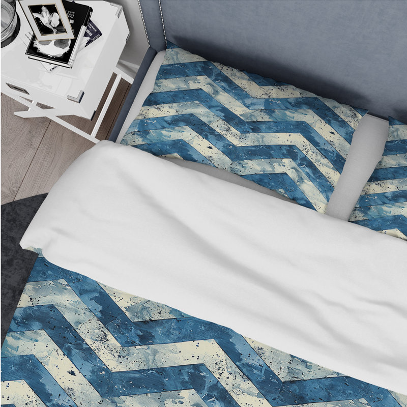 Ensemble de housse de couette blanc à chevron blanc et bleu III, Housse de couette très grand + 2 taies décorativ