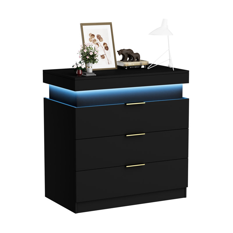 Table de chevet moderne en noir avec fonction de charge et DEL, station d'éclairage de chambre à coucher, pour