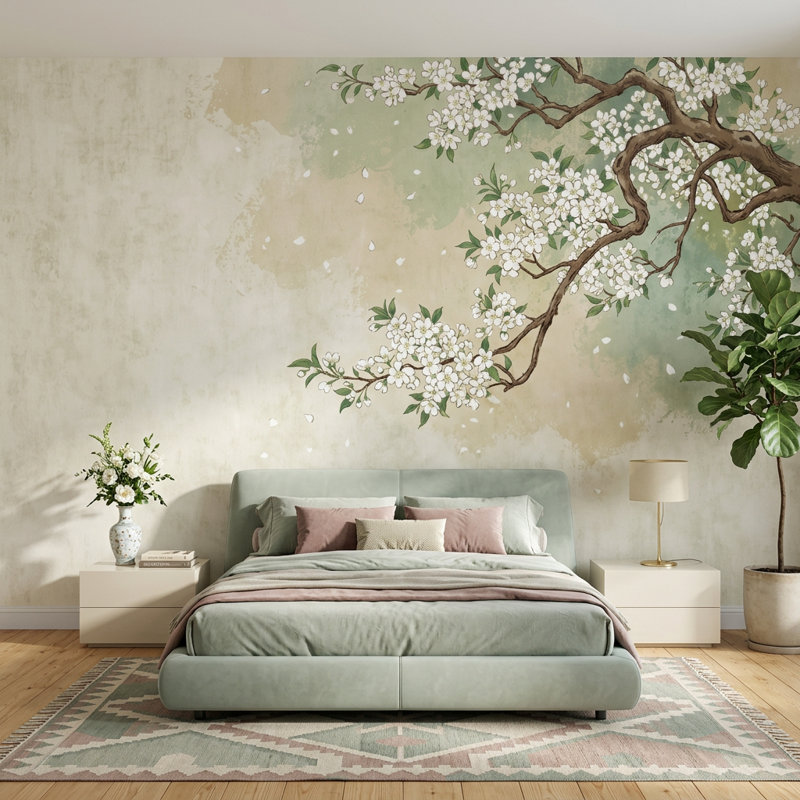 Papier peint floral avec branches blanches et aquarelle amovible, 100 po x 96 po, Peler et coller