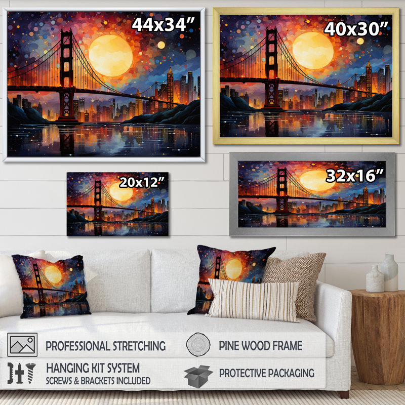 Orange Bridge Gateway Pointillism III, reproduction d'art sur toile, Toile tendue, H 12 po x l 20 po x P 1 po