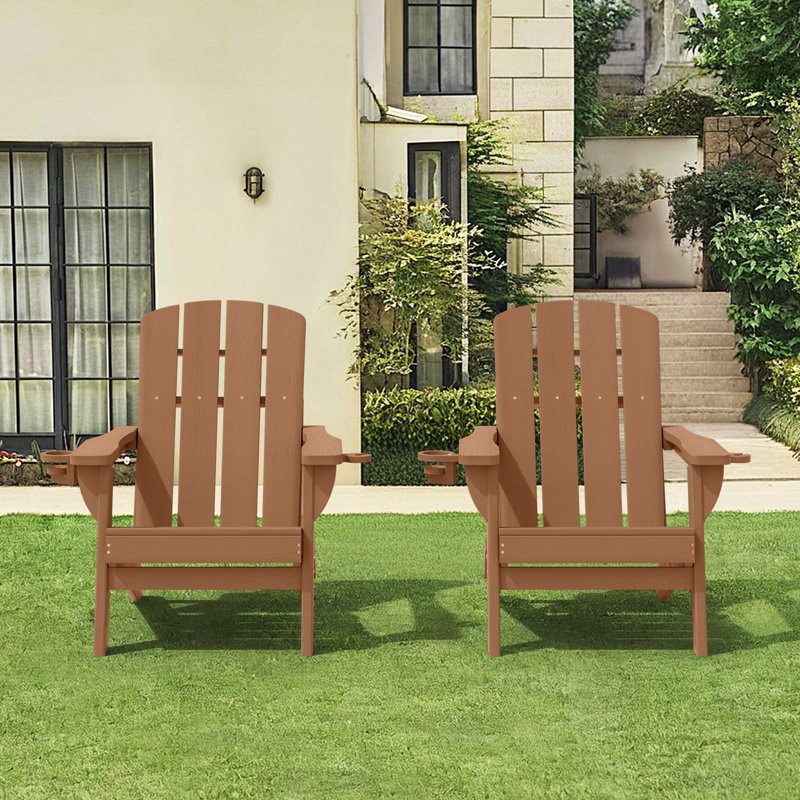  Folding Adirondack Chairs Weather-Resistant HDPE Outdoor Firepit Chairs With Cup Holder, Brown