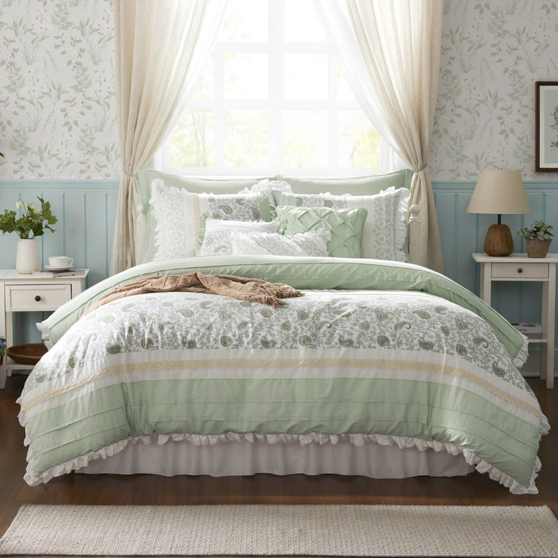 Dawn 9 Piece Cotton Percale Comforter Set, Cal. King Comforter + 8 Additional Pieces, Sage Green