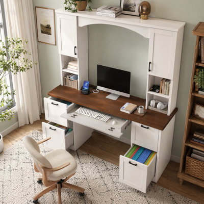 Bureau d'ordinateur avec huche et station de charge, bureau personnel avec tiroir classeur, plateau à clavier