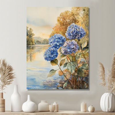 Hydrangées par la rivière II - Hydrangées, art mural en métal pour le salon