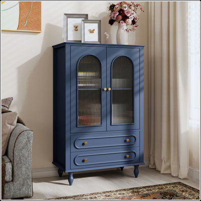 46.5'' Glass Display Cabinet with Ribbed Glass Doors and Drawers - Navy Blue