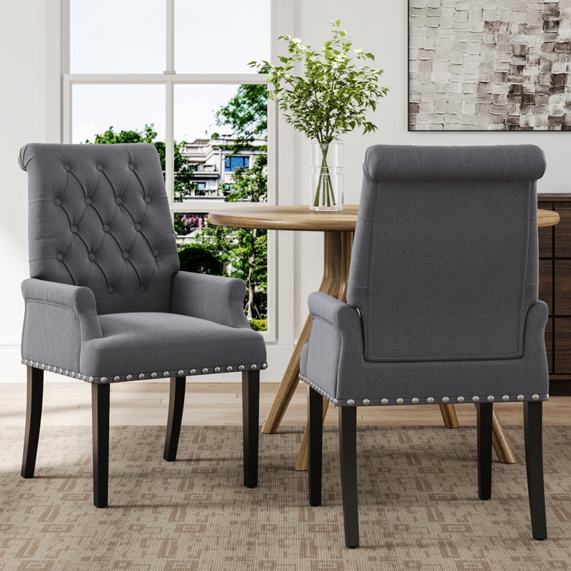 Duponta 49.5cm H Tufted Linen Upholstered Wing Back Armchair Dining Chair, Grey