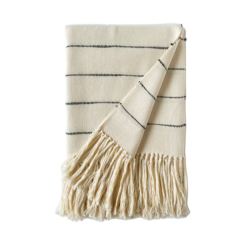 Pampa Hand Woven Throw Blanket,  Ivory/Black Striped