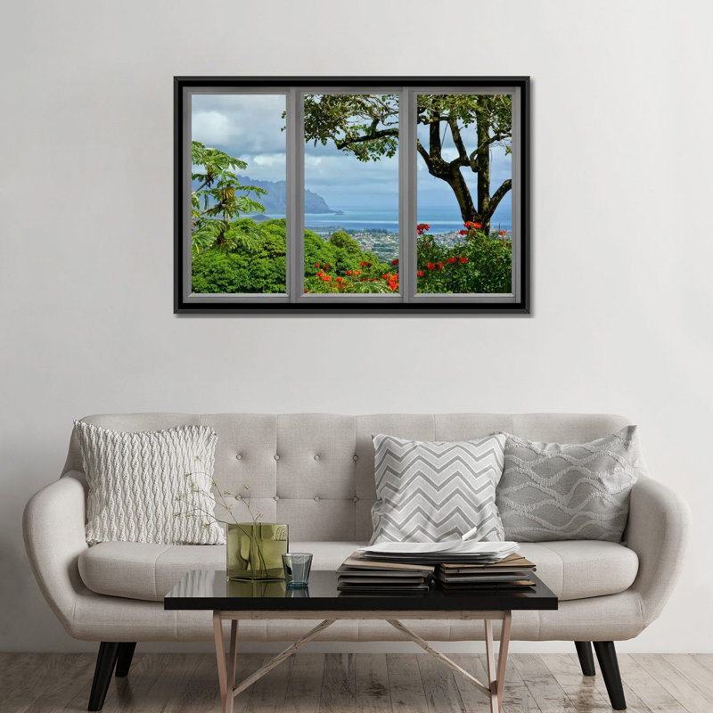 Vue de fenêtre d'Hawaï, reproduction de photo sur toile tendue, Toile avec cadre noir, Pas de tapis