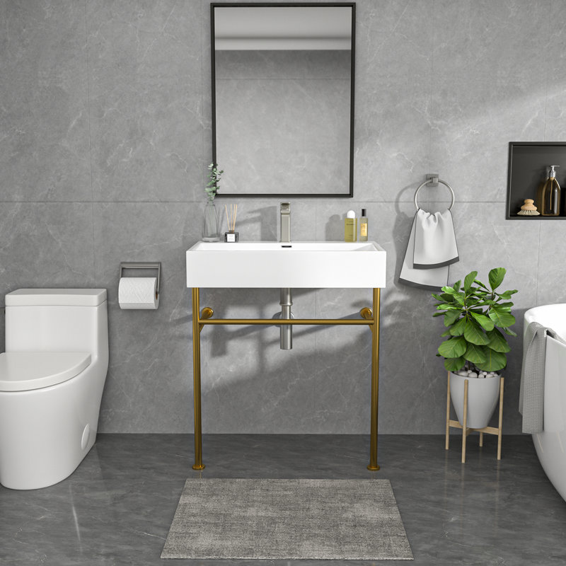Lavabo de salle de bain autoportant en céramique à console rectangulaire avec un trou de robinet, une planche à laver et un support en acier inoxydable