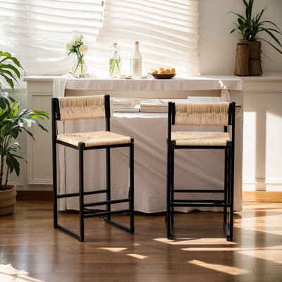 Set of 2 Paper Cord Woven Back Bar Stools