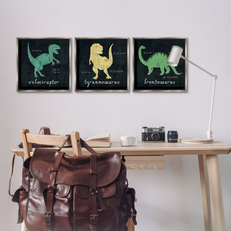 «Dinosaur Facts Chalk Inspired Design», ensemble de 3 toiles flottantes encadrées par Daphne Polselli, H 18 po x l 18 po