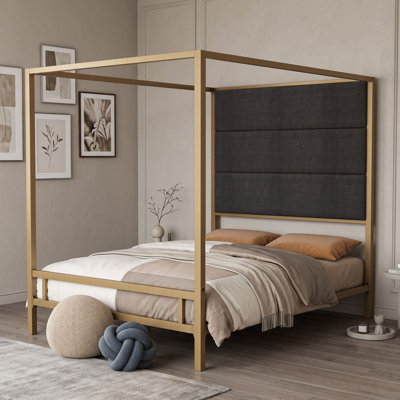 Metal Canopy Bed with Upholstered Headboard