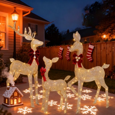Décoration de Noël renne pour la cour, 3 pièces de la famille de renne illuminée pour les décorations extérieures