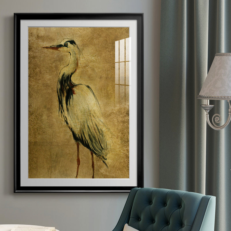 «Gold Crane at Dusk II», peinture sur toile encadrée, H 30,5 po x l 42,5 po x P 1,5 po, Noir