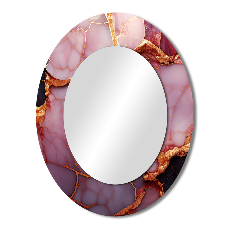 Or et rose marbre Essence I - miroir mural ovale moderne rose, 43 po x 33 po