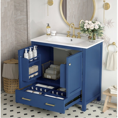 30-Inch Blue Bathroom Vanity with Single Sink – Solid Wood Frame, Soft-Close Doors & Drawer, Undermount Ceramic Basin, Freestanding Storage Cabinet