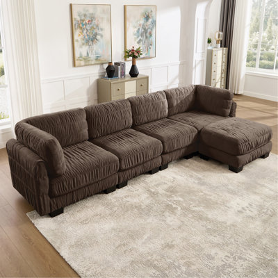 2 Seat Ruched Detailing Chenille Modular Sectional Sofa,Movable Ottoman,High-Density Foam,L Shape Thickened  Back Cushions,Easy Assembly,For Living Room,Bedroom