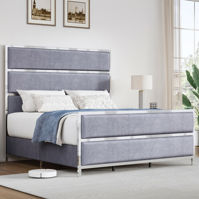 Mirabel Upholstered Metal Platform Bed, King, Light Gray