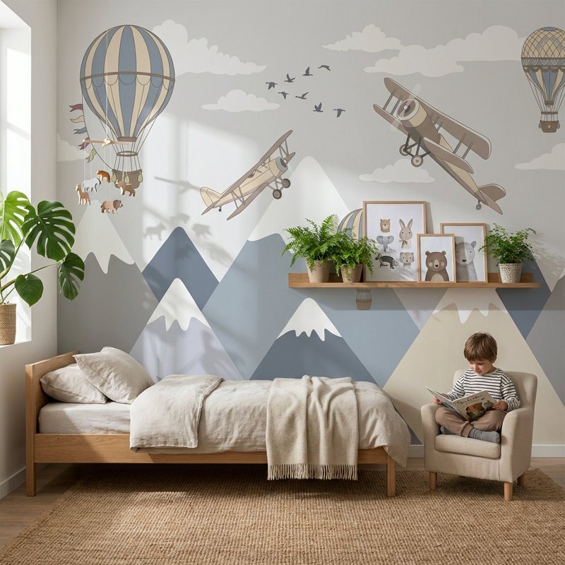 Murale rétro Airplanes, L: 190 po x H: 108 po, Peler et coller