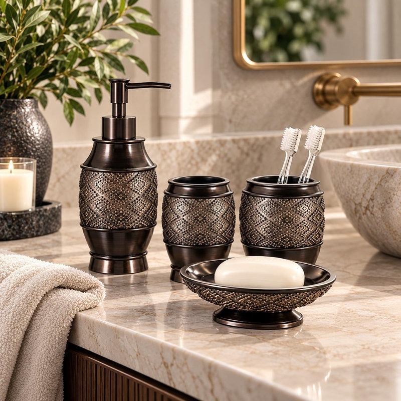 Creative Scents Dublin 4 Piece Bathroom Accessory Set, Brown