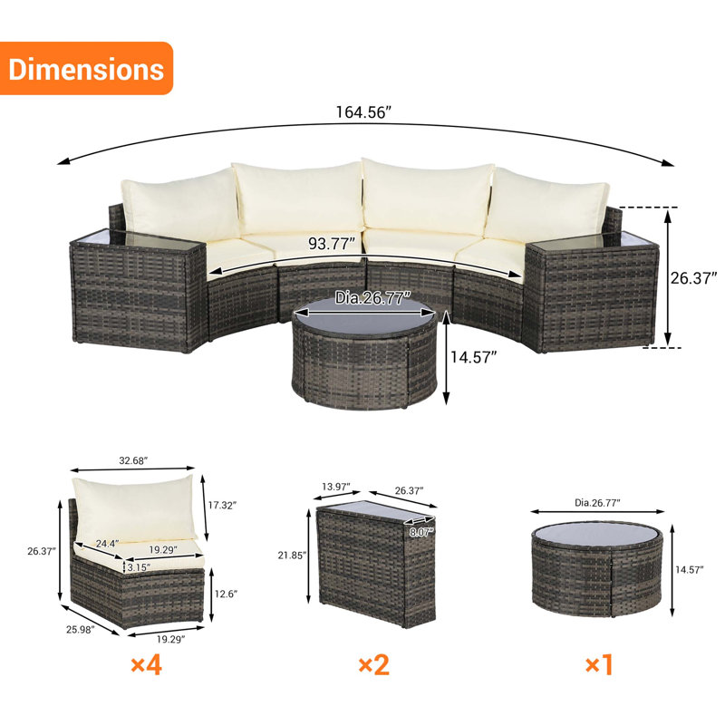 Ensemble de canapé modulaire d'extérieur demi-lune 7 pièces avec table basse ronde en verre trempé, Blanc