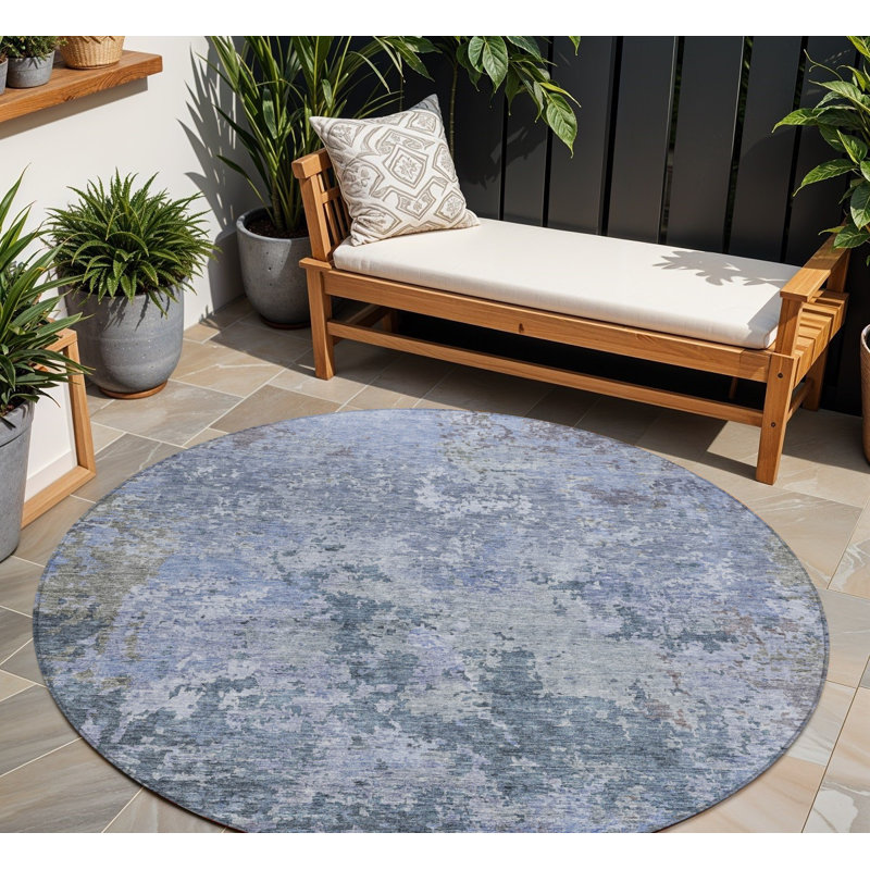 Tapis d'intérieur rond lavable abstrait bleu et gris foncé 8 pi
