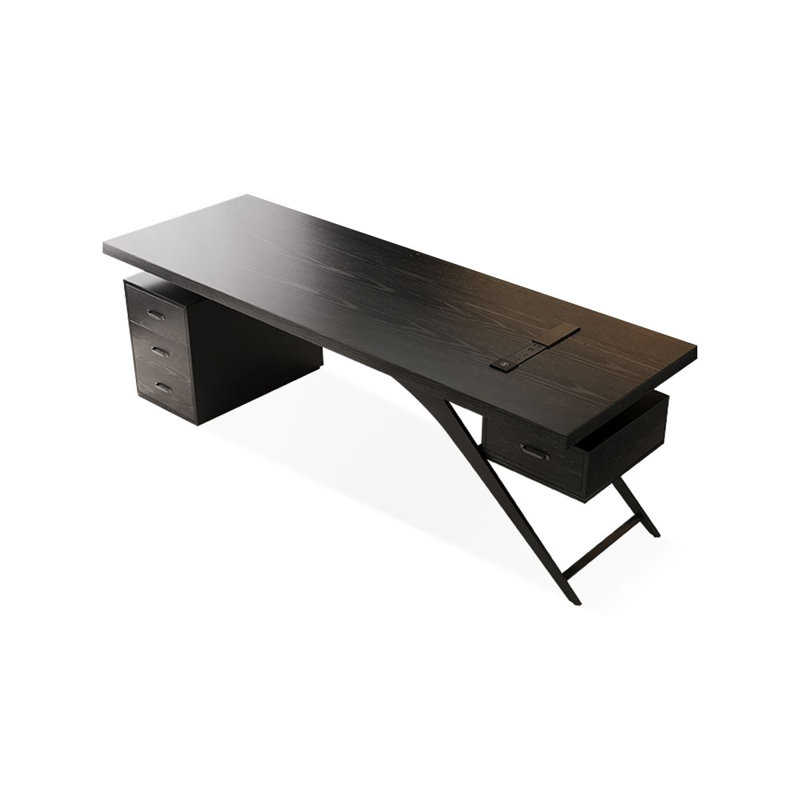 Bureau rectangulaire en bois massif noir avec 4 tiroirs, bureau