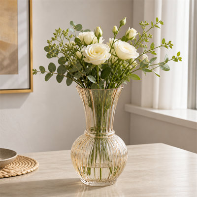 Amber Ribbed Textured Glass Vase, 6.3"Diameter × 11.4" Height, Flared Neck Decorative Flower Vase for Home