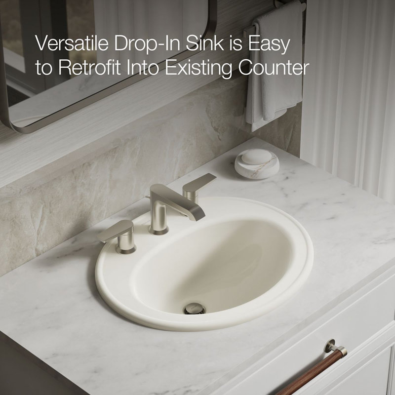 Pennington Ceramic Oval Drop-In Bathroom Sink with Overflow, 8'' Centers, Biscuit