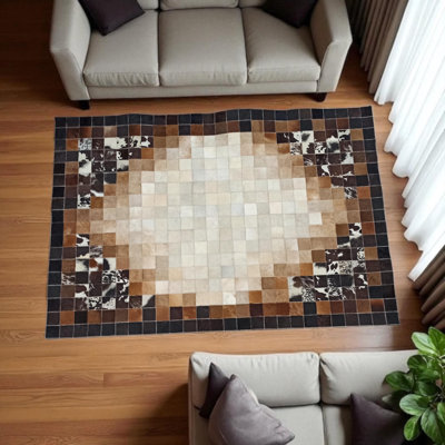 Tapis brun et crème en cuir de vache ombré, tapis de salon