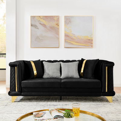 89 Inches Black 3 Seater Velvet With Gold Stainless Steel Embellishings, Mid Century Victorian Couch For Living Area, 2 Fur & Strip Pillows, Rolled Ar